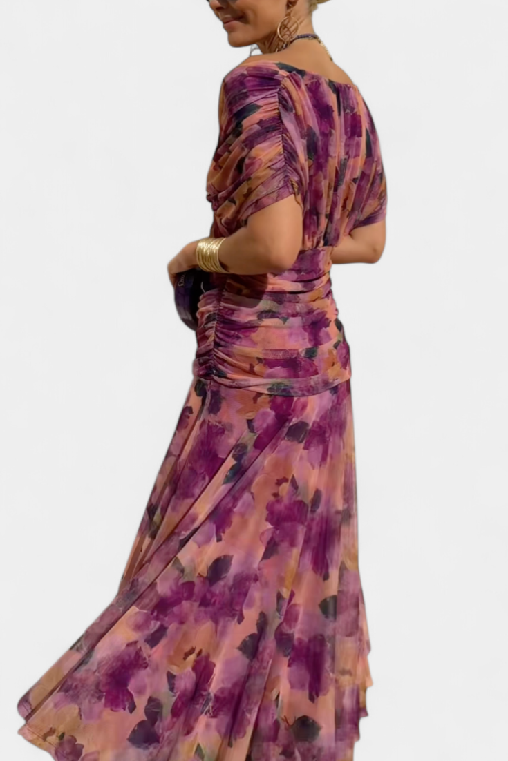Elegant Floral Maxi Dress for Women with Off Shoulder Draped Sleeve Mermaid Hem Formal Wedding Guest Style