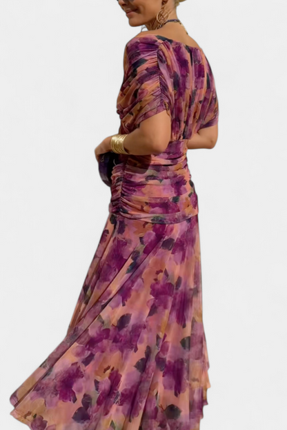 Elegant Floral Maxi Dress for Women with Off Shoulder Draped Sleeve Mermaid Hem Formal Wedding Guest Style