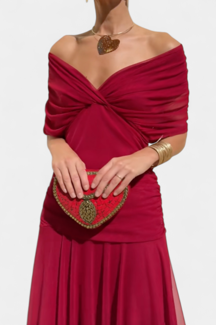 Elegant Floral Maxi Dress for Women with Off Shoulder Draped Sleeve Mermaid Hem Formal Wedding Guest Style