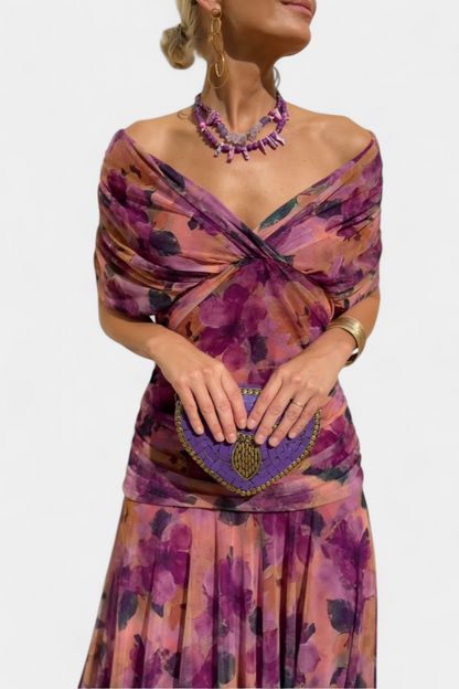 Elegant Floral Maxi Dress for Women with Off Shoulder Draped Sleeve Mermaid Hem Formal Wedding Guest Style