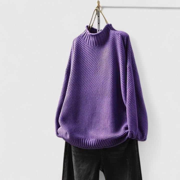 Comfortable Chunky Knit Sweater for Women with Mock Neck Long Sleeve Relaxed Oversized Asymmetrical Hem Style