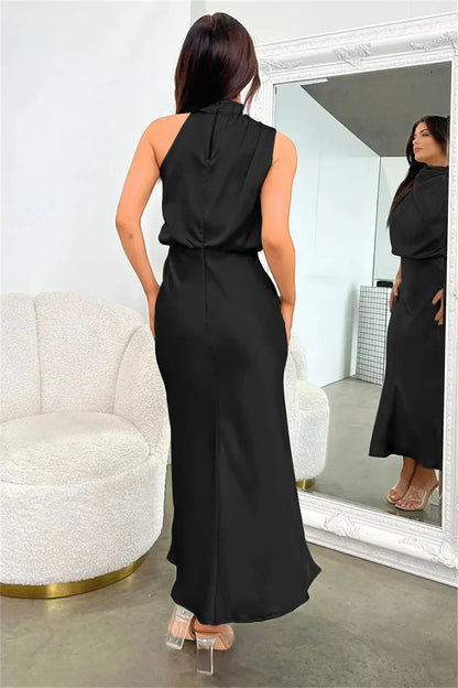 Elegant Satin Maxi Dress for Women with Halter Neck Blouson Bodice Sleeveless Formal Wedding Guest Style
