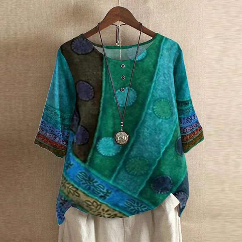 Effortless Patchwork Print Blouse for Women with Round Neck Half Sleeve Relaxed Boho Style