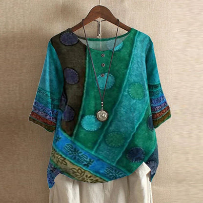 Effortless Patchwork Print Blouse for Women with Round Neck Half Sleeve Relaxed Boho Style
