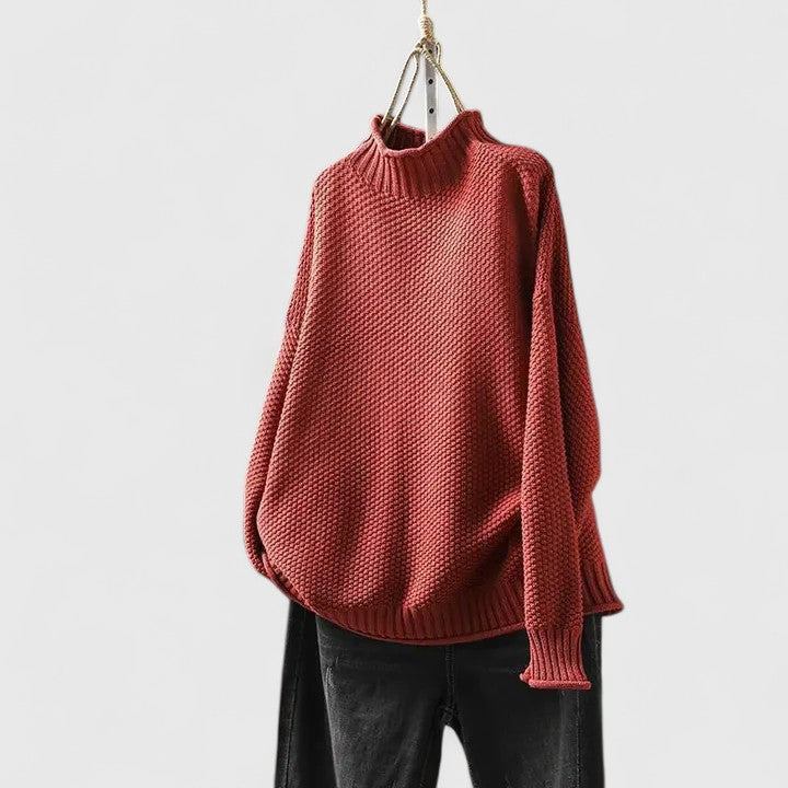 Comfortable Chunky Knit Sweater for Women with Mock Neck Long Sleeve Relaxed Oversized Asymmetrical Hem Style