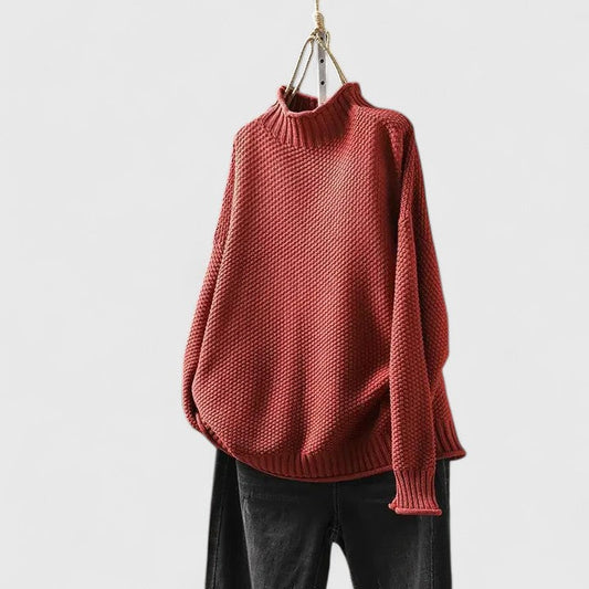 Comfortable Chunky Knit Sweater for Women with Mock Neck Long Sleeve Relaxed Oversized Asymmetrical Hem Style