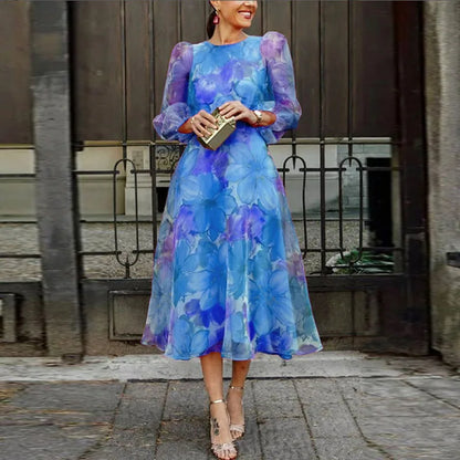 Effortless Floral Chiffon Midi Dress for Women with Round Neck Long Sleeve Flowing Formal Wedding Guest Style