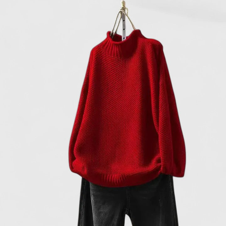 Comfortable Chunky Knit Sweater for Women with Mock Neck Long Sleeve Relaxed Oversized Asymmetrical Hem Style