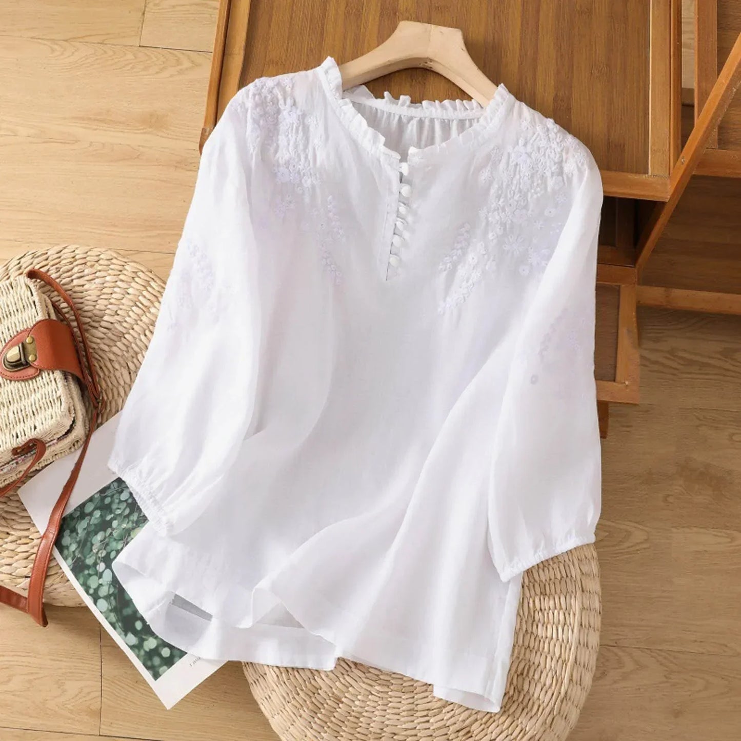 Effortless Embroidered Linen Blouse for Women with Ruffle V Neck Elbow Sleeve Button Front Boho Style