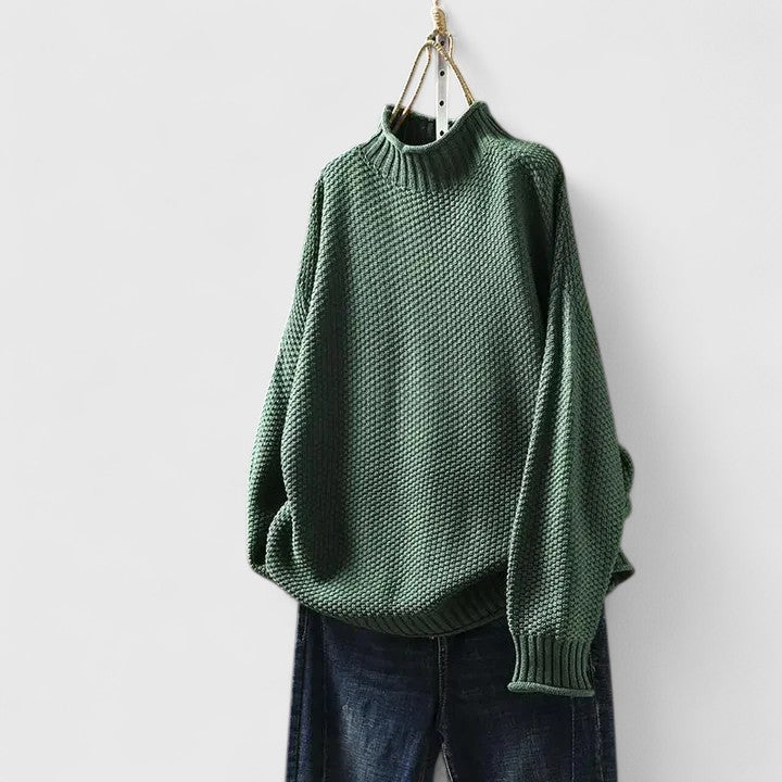 Comfortable Chunky Knit Sweater for Women with Mock Neck Long Sleeve Relaxed Oversized Asymmetrical Hem Style