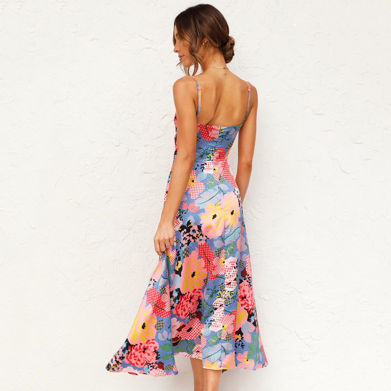 Elegant Floral Maxi Dress for Women with V Neck Spaghetti Strap Side Slit Formal Wedding Guest Style