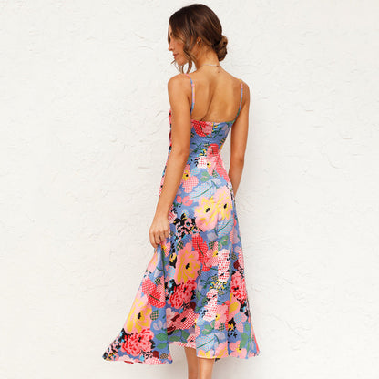 Elegant Floral Maxi Dress for Women with V Neck Spaghetti Strap Side Slit Formal Wedding Guest Style