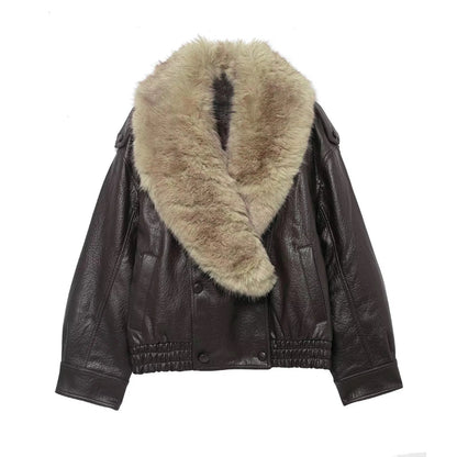 Effortless Leather Bomber Jacket for Women with Fur Collar Long Sleeve Oversized Snap Button Style