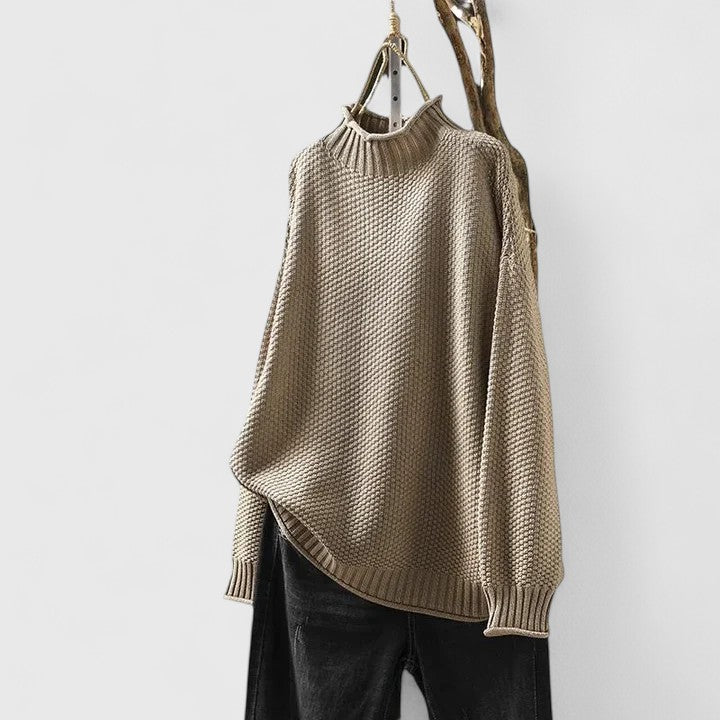 Comfortable Chunky Knit Sweater for Women with Mock Neck Long Sleeve Relaxed Oversized Asymmetrical Hem Style
