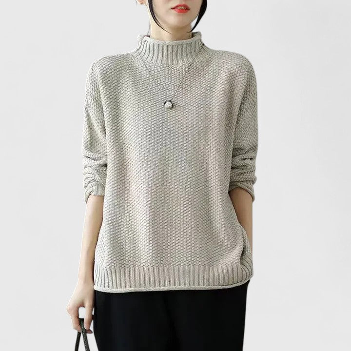 Comfortable Chunky Knit Sweater for Women with Mock Neck Long Sleeve Relaxed Oversized Asymmetrical Hem Style