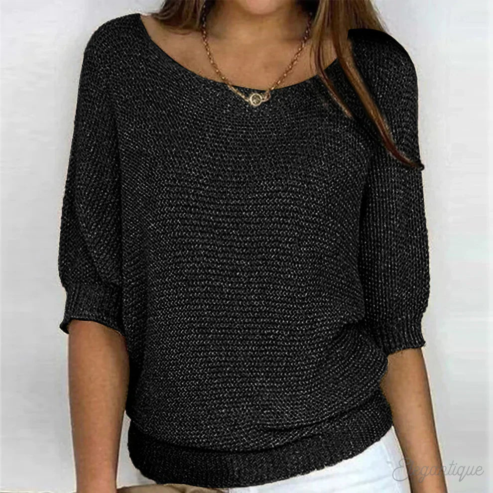 Comfortable Knit Sweater for Women with Scoop Neck Batwing Sleeve Relaxed Oversized Style