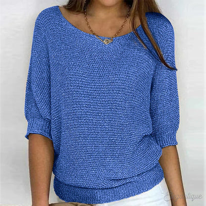 Comfortable Knit Sweater for Women with Scoop Neck Batwing Sleeve Relaxed Oversized Style