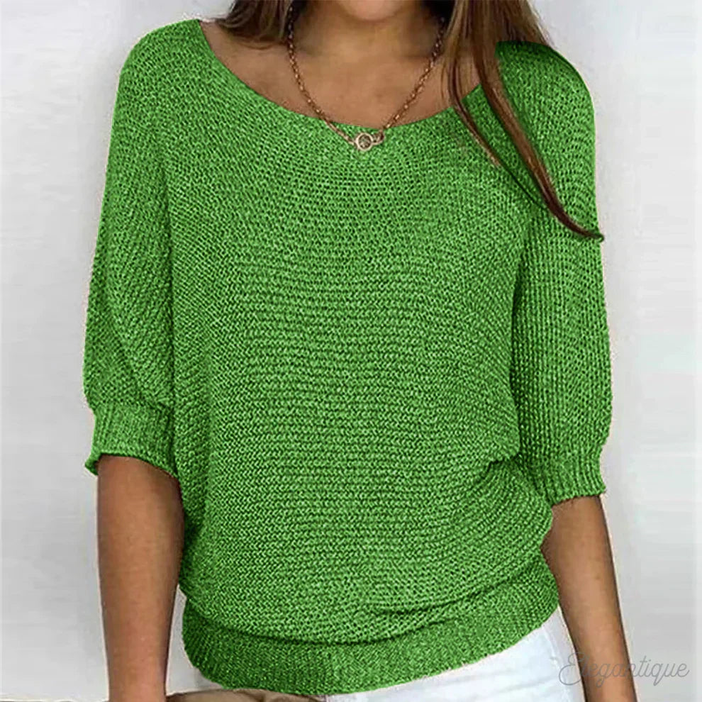 Comfortable Knit Sweater for Women with Scoop Neck Batwing Sleeve Relaxed Oversized Style