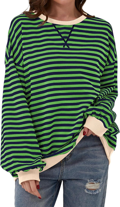 Effortless Striped Sweatshirt for Women with Crew Neck Long Sleeve Contrast Cuff Oversized Style