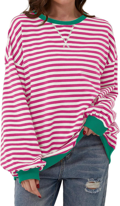 Effortless Striped Sweatshirt for Women with Crew Neck Long Sleeve Contrast Cuff Oversized Style