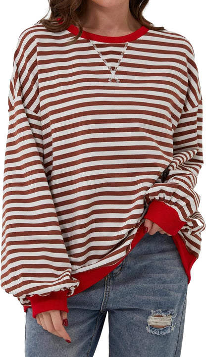 Effortless Striped Sweatshirt for Women with Crew Neck Long Sleeve Contrast Cuff Oversized Style
