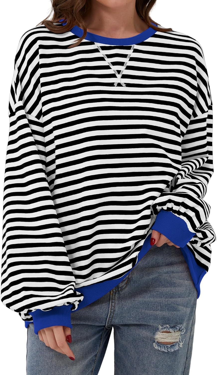 Effortless Striped Sweatshirt for Women with Crew Neck Long Sleeve Contrast Cuff Oversized Style