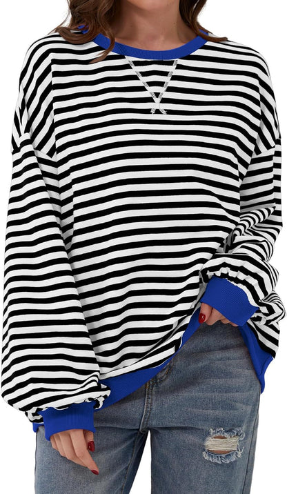 Effortless Striped Sweatshirt for Women with Crew Neck Long Sleeve Contrast Cuff Oversized Style