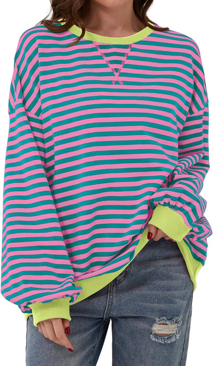 Effortless Striped Sweatshirt for Women with Crew Neck Long Sleeve Contrast Cuff Oversized Style