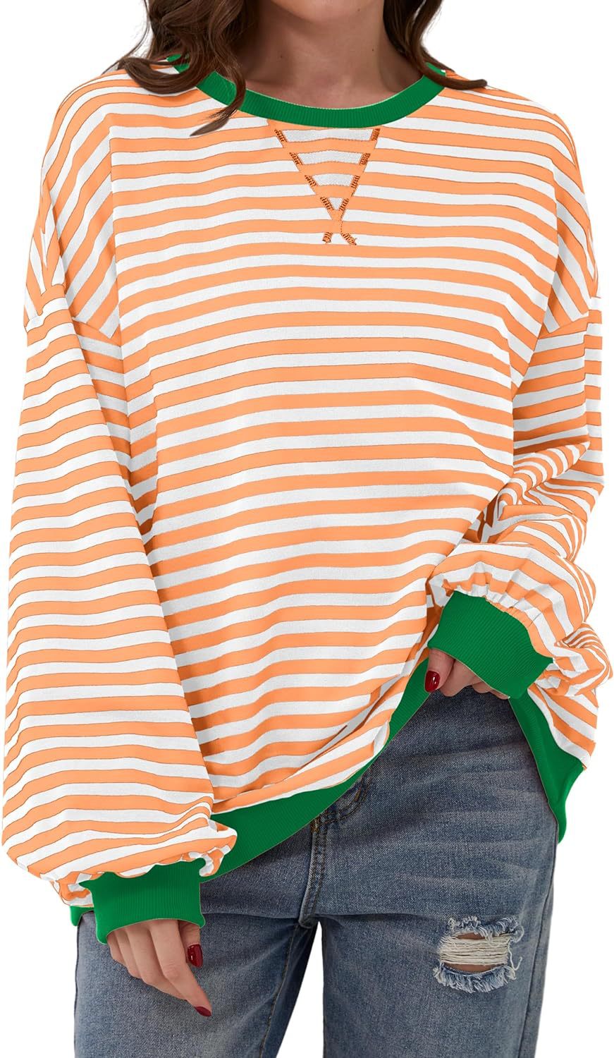 Effortless Striped Sweatshirt for Women with Crew Neck Long Sleeve Contrast Cuff Oversized Style