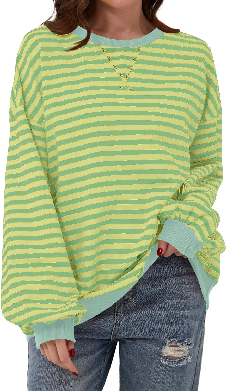 Effortless Striped Sweatshirt for Women with Crew Neck Long Sleeve Contrast Cuff Oversized Style