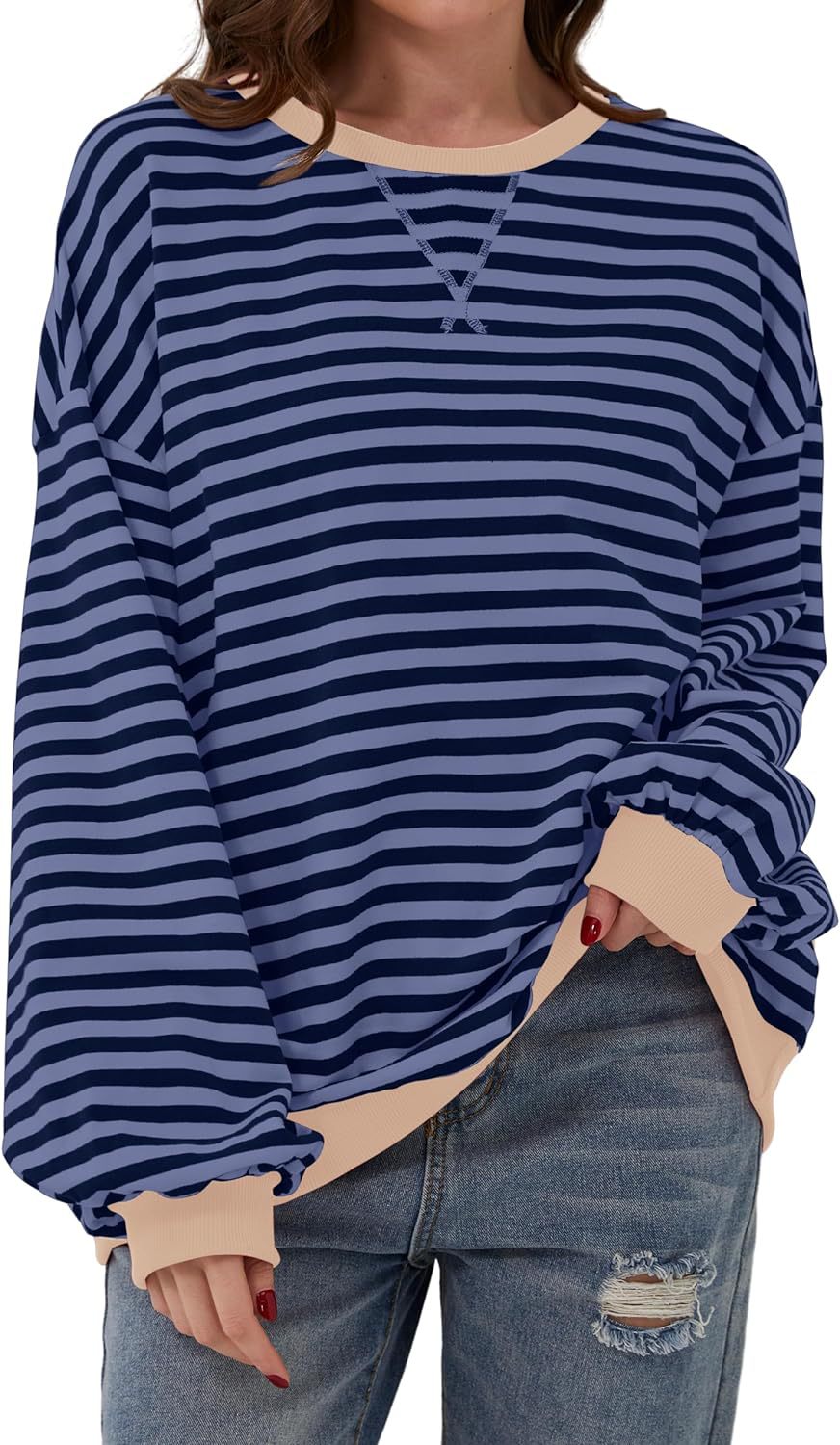 Effortless Striped Sweatshirt for Women with Crew Neck Long Sleeve Contrast Cuff Oversized Style