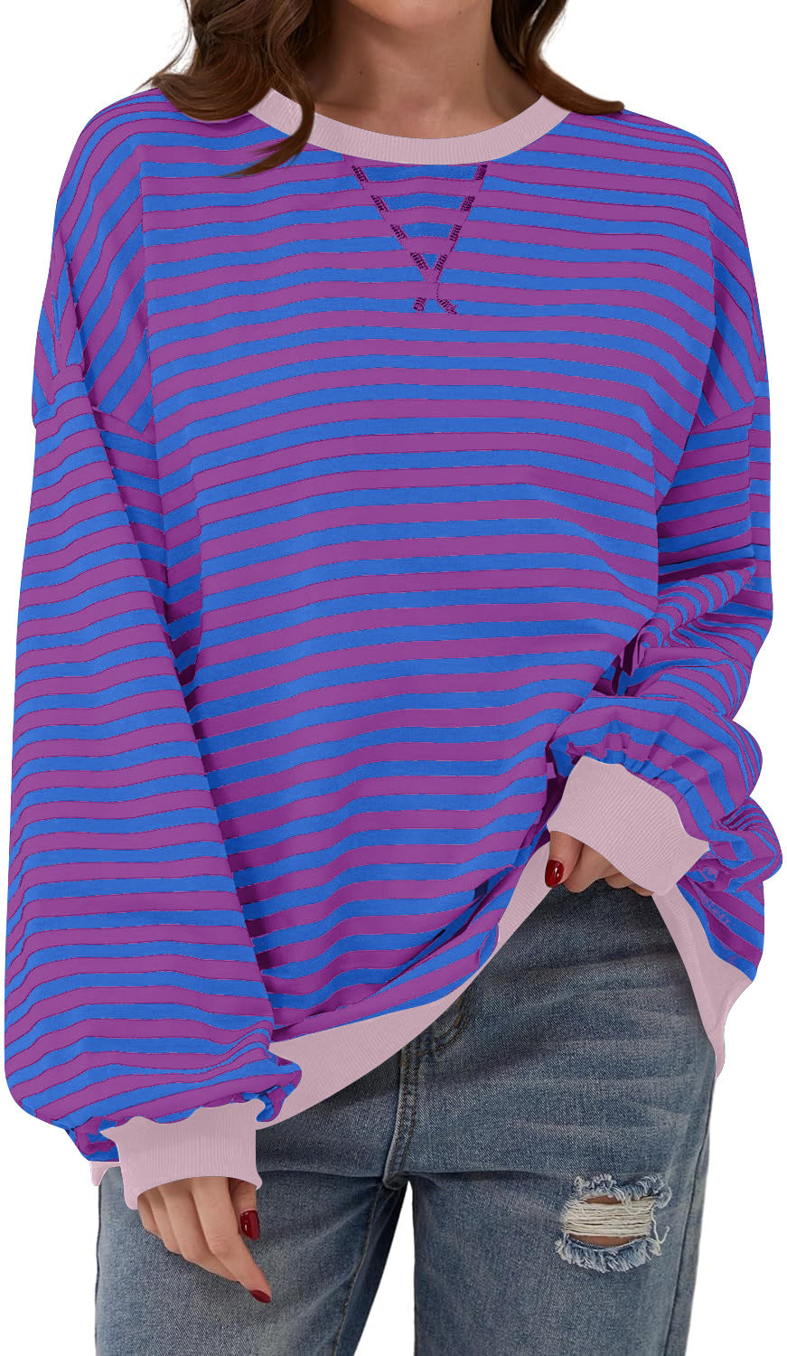 Effortless Striped Sweatshirt for Women with Crew Neck Long Sleeve Contrast Cuff Oversized Style