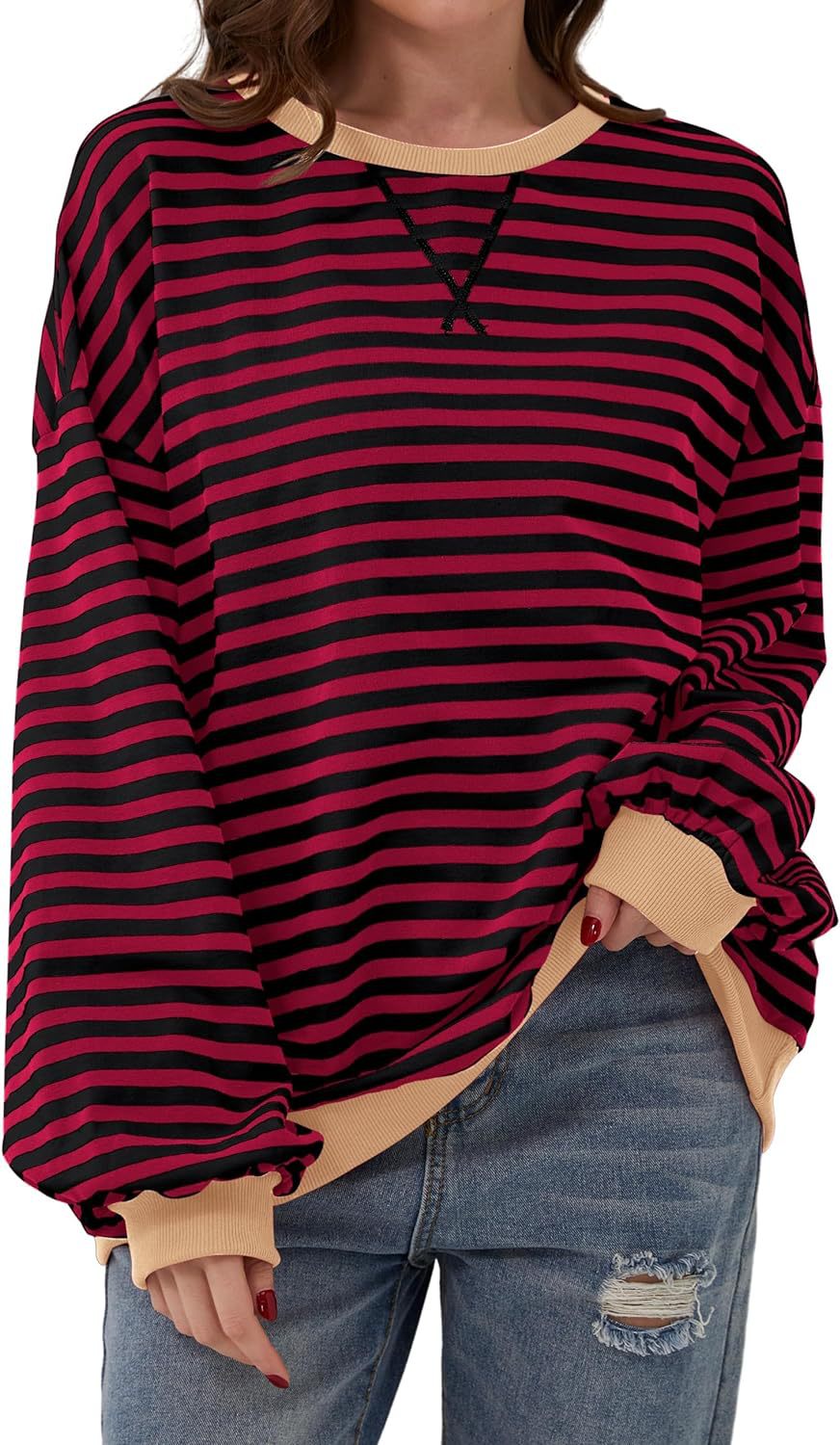 Effortless Striped Sweatshirt for Women with Crew Neck Long Sleeve Contrast Cuff Oversized Style