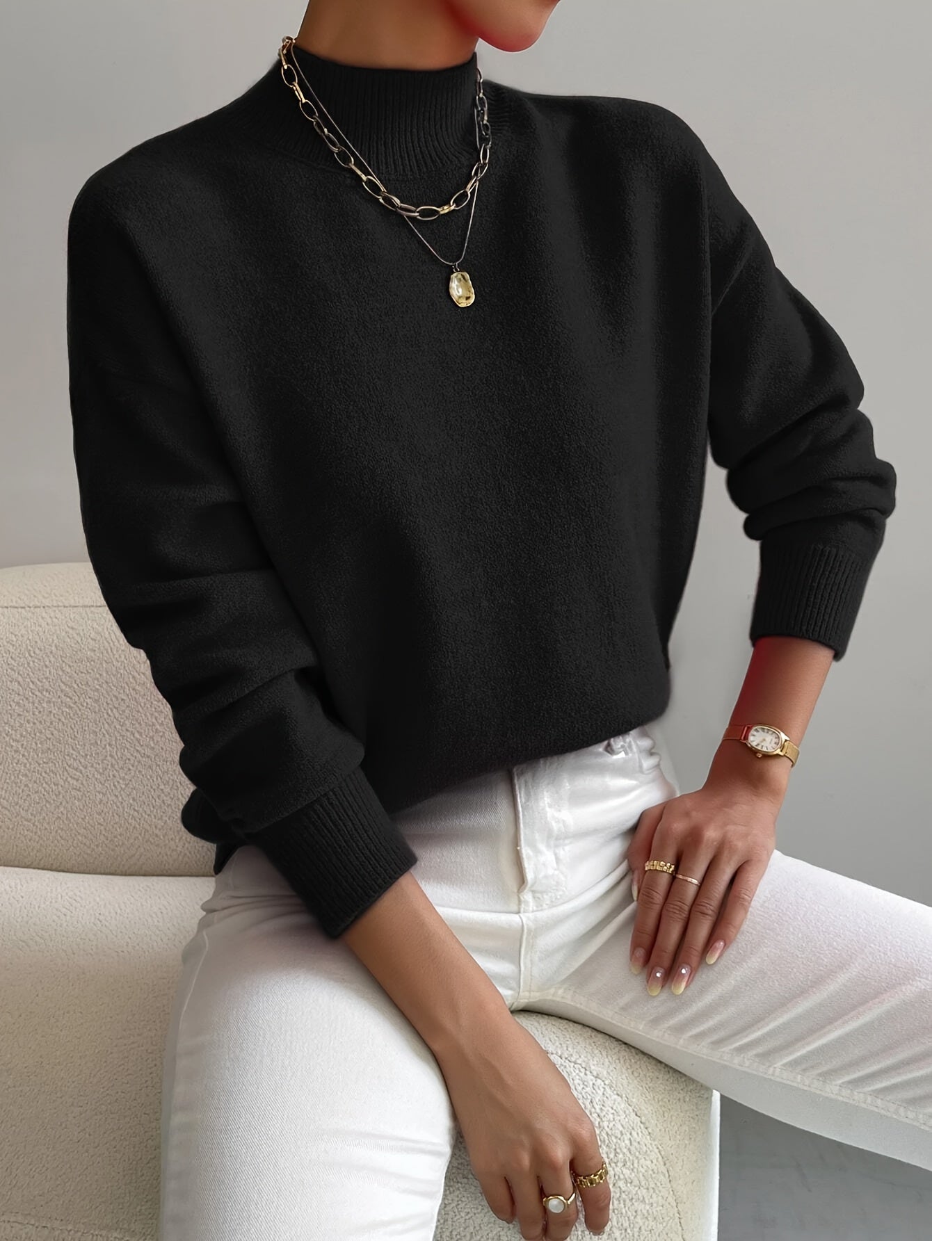 Comfortable Knit Sweater for Women with Mock Neck Long Sleeve Relaxed Oversized Style