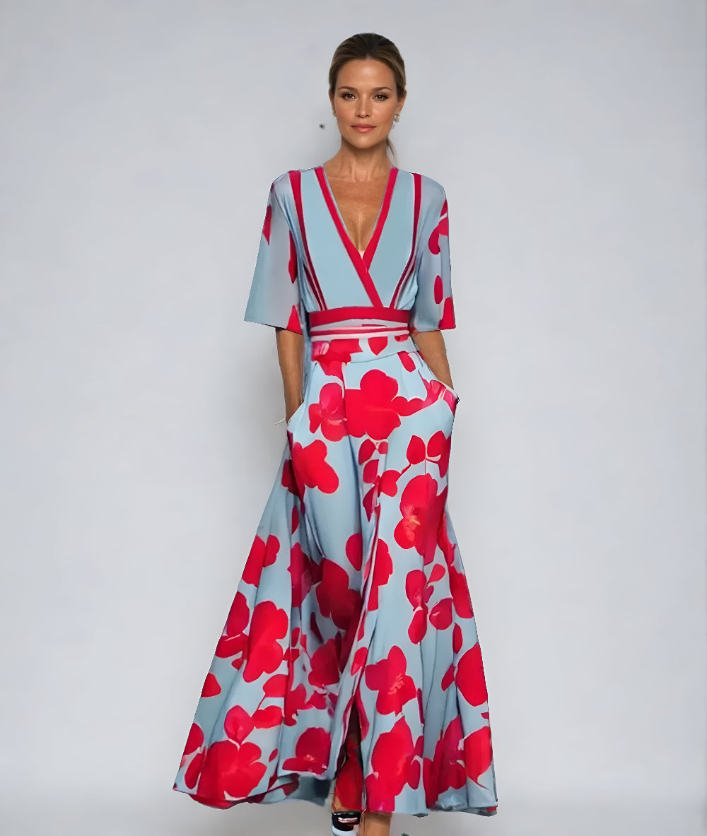 Elegant Blue Floral Maxi Dress for Women with V Neck Elbow Sleeve Wrap Flowing Style