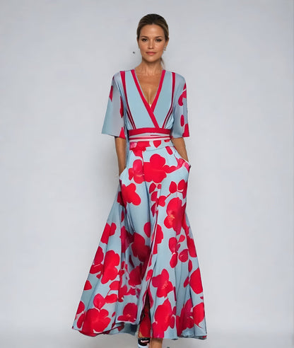 Elegant Blue Floral Maxi Dress for Women with V Neck Elbow Sleeve Wrap Flowing Style
