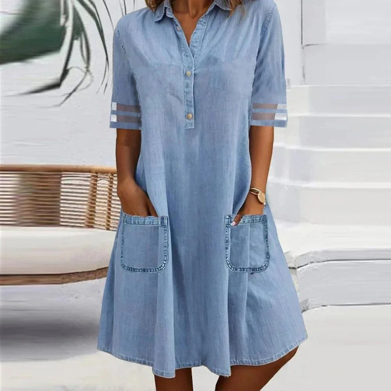 Elegant Blue Denim Shirt Dress for Women with Collar Elbow Sleeve Button Front Pocket Casual Style