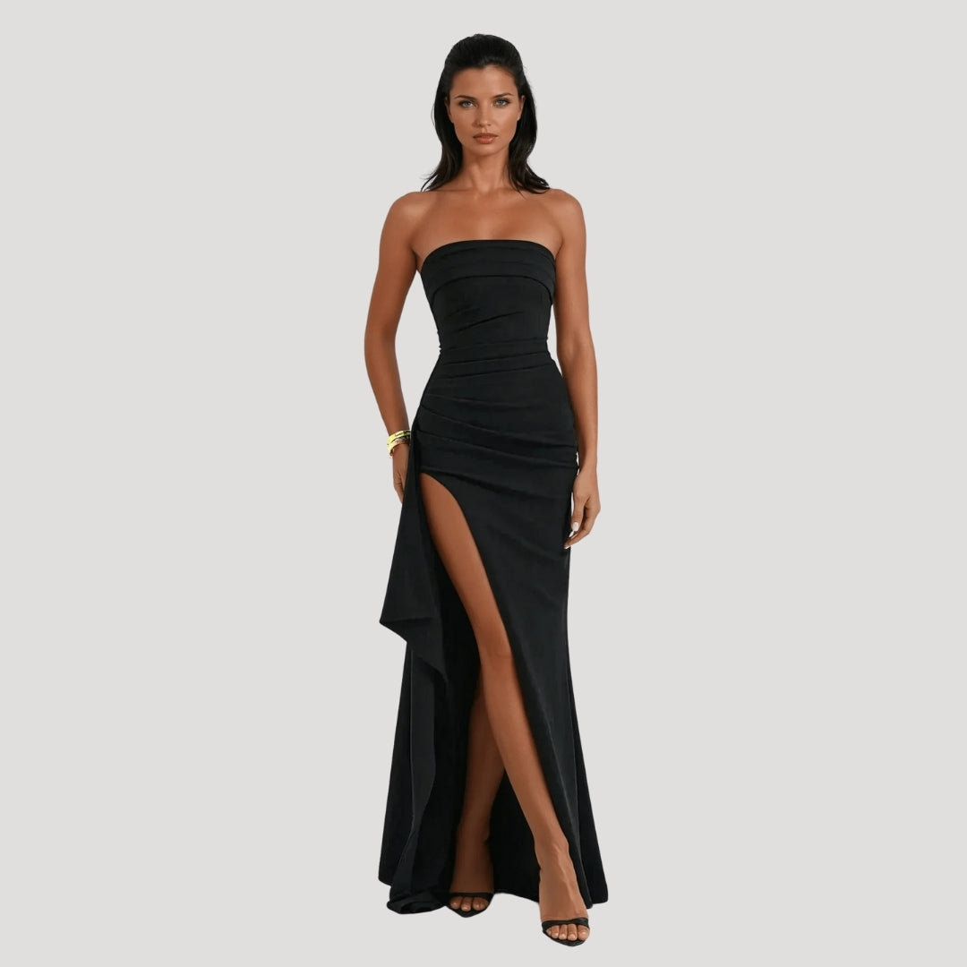 Elegant Satin Maxi Dress for Women with Strapless Ruched Bodice High Slit Formal Wedding Guest Style