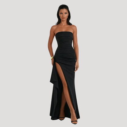 Elegant Satin Maxi Dress for Women with Strapless Ruched Bodice High Slit Formal Wedding Guest Style