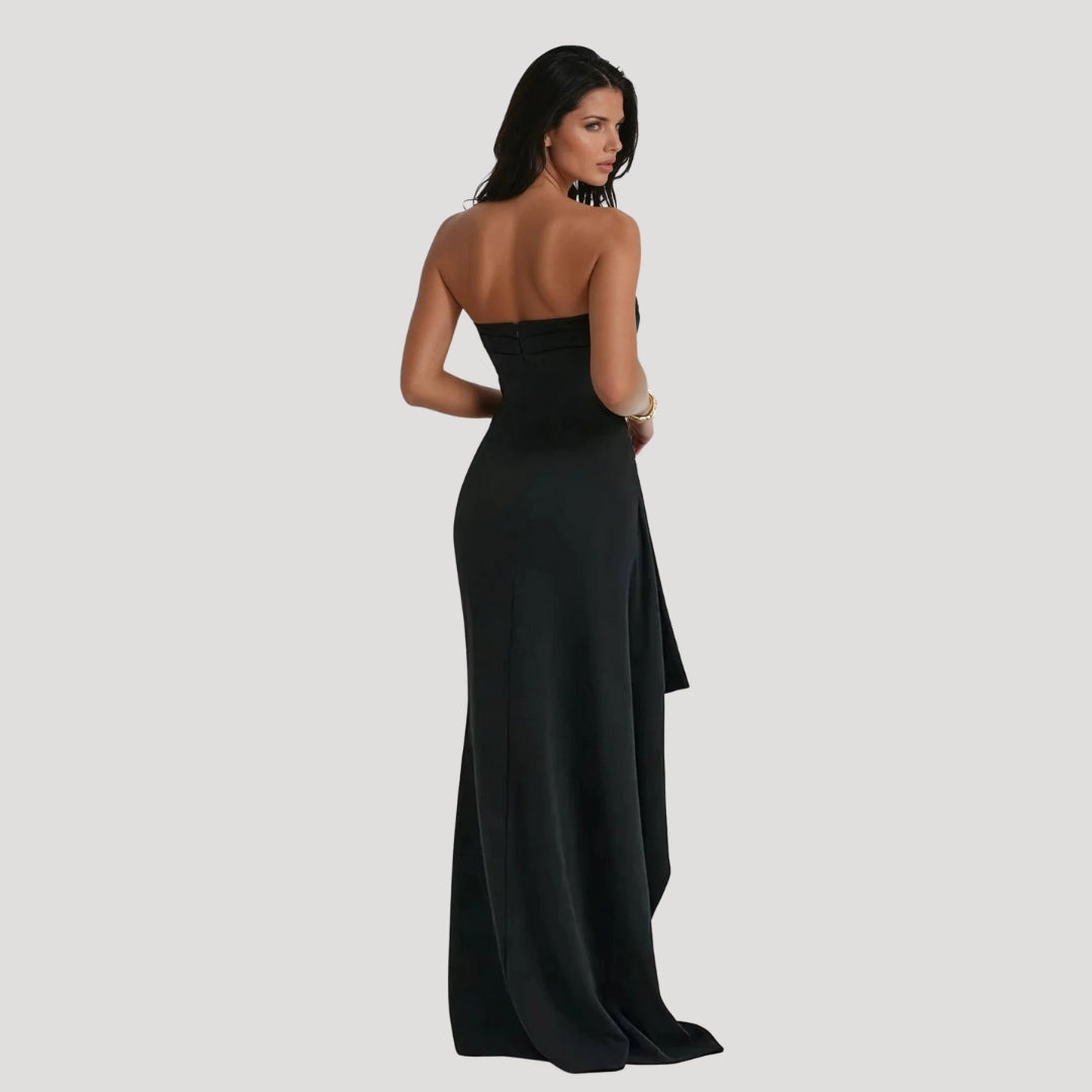 Elegant Satin Maxi Dress for Women with Strapless Ruched Bodice High Slit Formal Wedding Guest Style