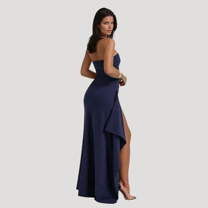 Elegant Satin Maxi Dress for Women with Strapless Ruched Bodice High Slit Formal Wedding Guest Style