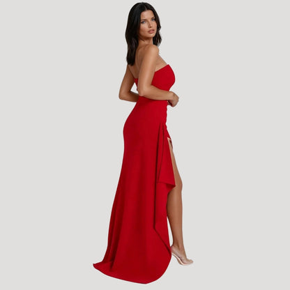 Elegant Satin Maxi Dress for Women with Strapless Ruched Bodice High Slit Formal Wedding Guest Style
