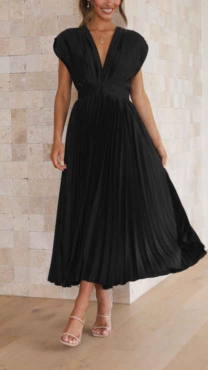 Elegant Pleated Satin Midi Dress for Women with V Neck Cap Sleeve Fitted Waist Flowing Style