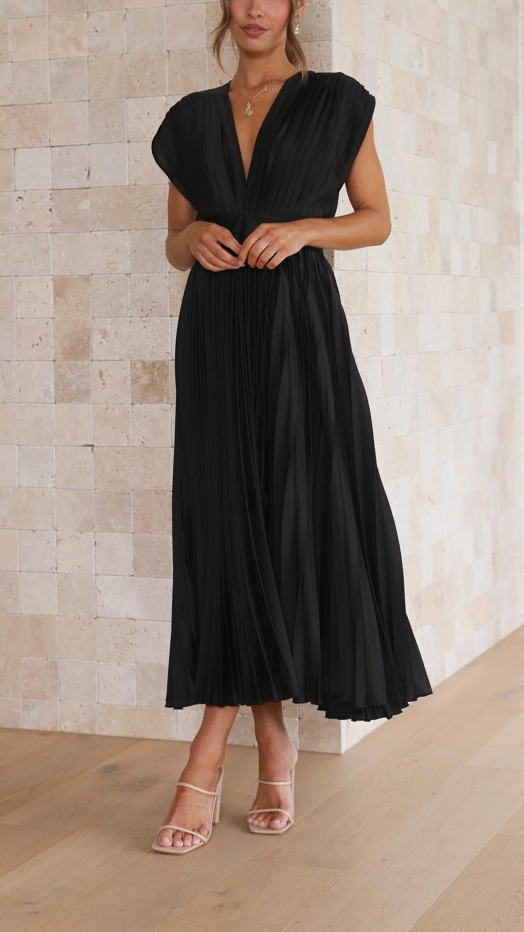 Elegant Pleated Satin Midi Dress for Women with V Neck Cap Sleeve Fitted Waist Flowing Style