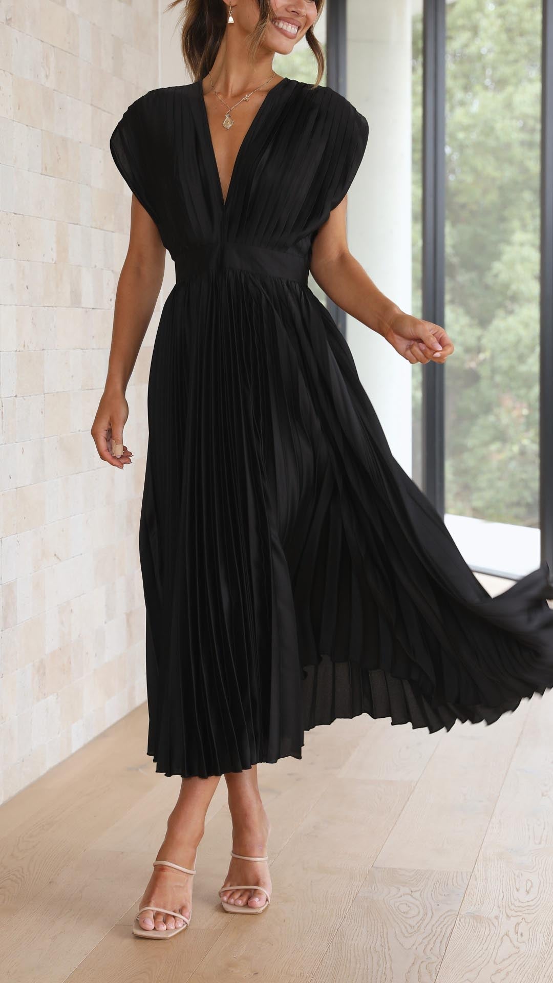 Elegant Pleated Satin Midi Dress for Women with V Neck Cap Sleeve Fitted Waist Flowing Style