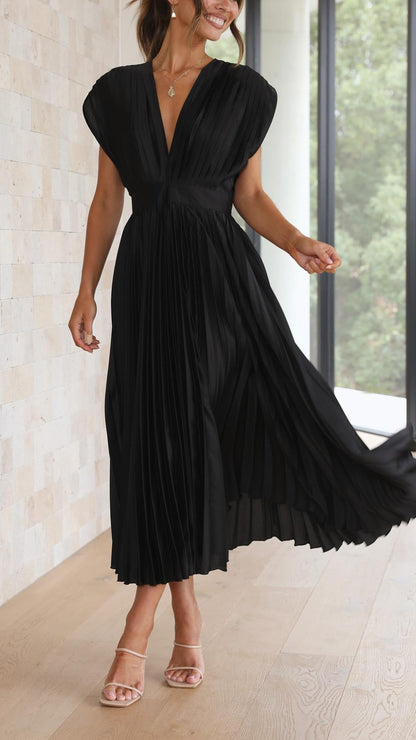 Elegant Pleated Satin Midi Dress for Women with V Neck Cap Sleeve Fitted Waist Flowing Style