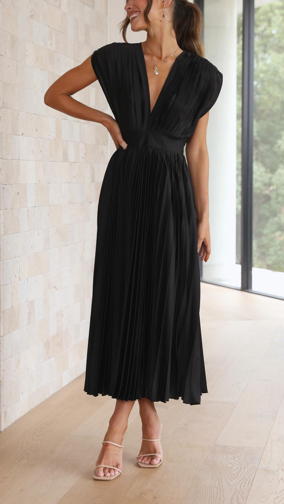 Elegant Pleated Satin Midi Dress for Women with V Neck Cap Sleeve Fitted Waist Flowing Style