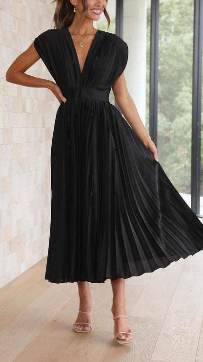 Elegant Pleated Satin Midi Dress for Women with V Neck Cap Sleeve Fitted Waist Flowing Style