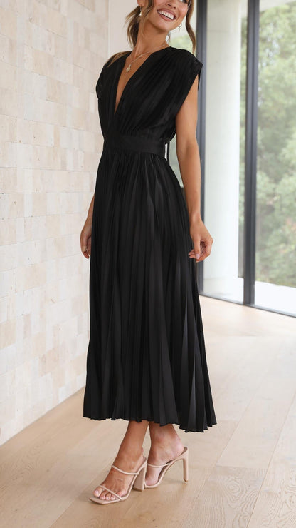 Elegant Pleated Satin Midi Dress for Women with V Neck Cap Sleeve Fitted Waist Flowing Style