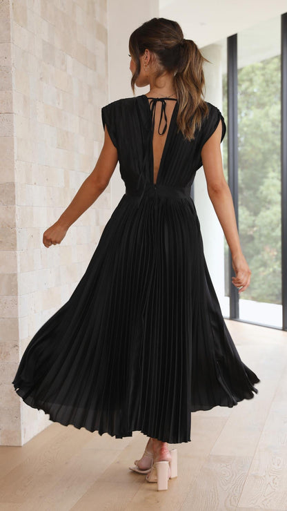 Elegant Pleated Satin Midi Dress for Women with V Neck Cap Sleeve Fitted Waist Flowing Style